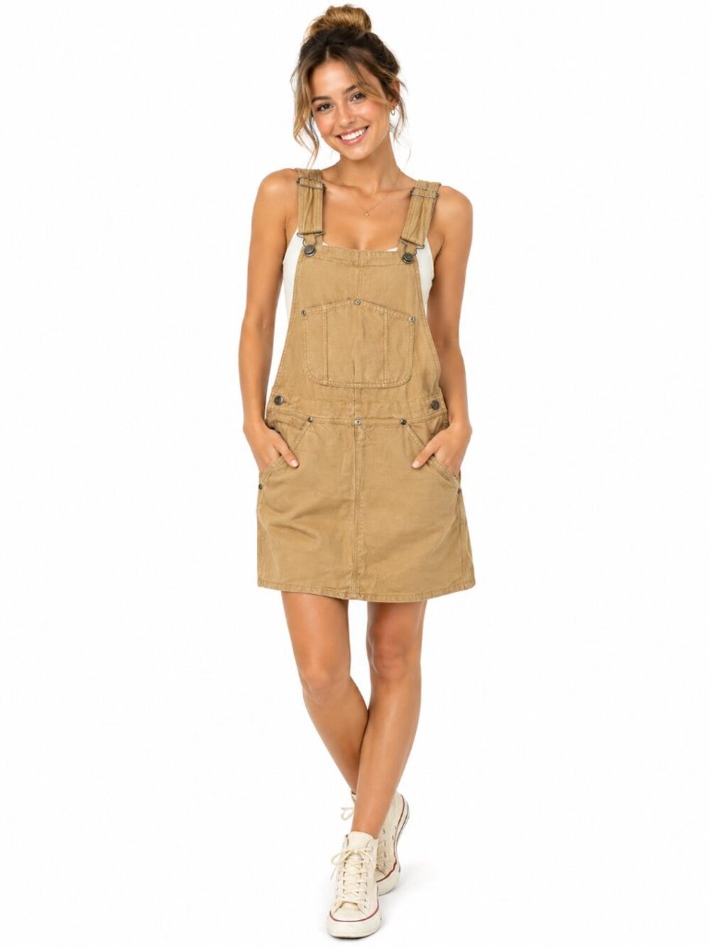 TNA Aritzia Khaki Canvas Overall Skirt XXS Utility Pinafore Mini Adjustable Stra - Picture 1 of 16